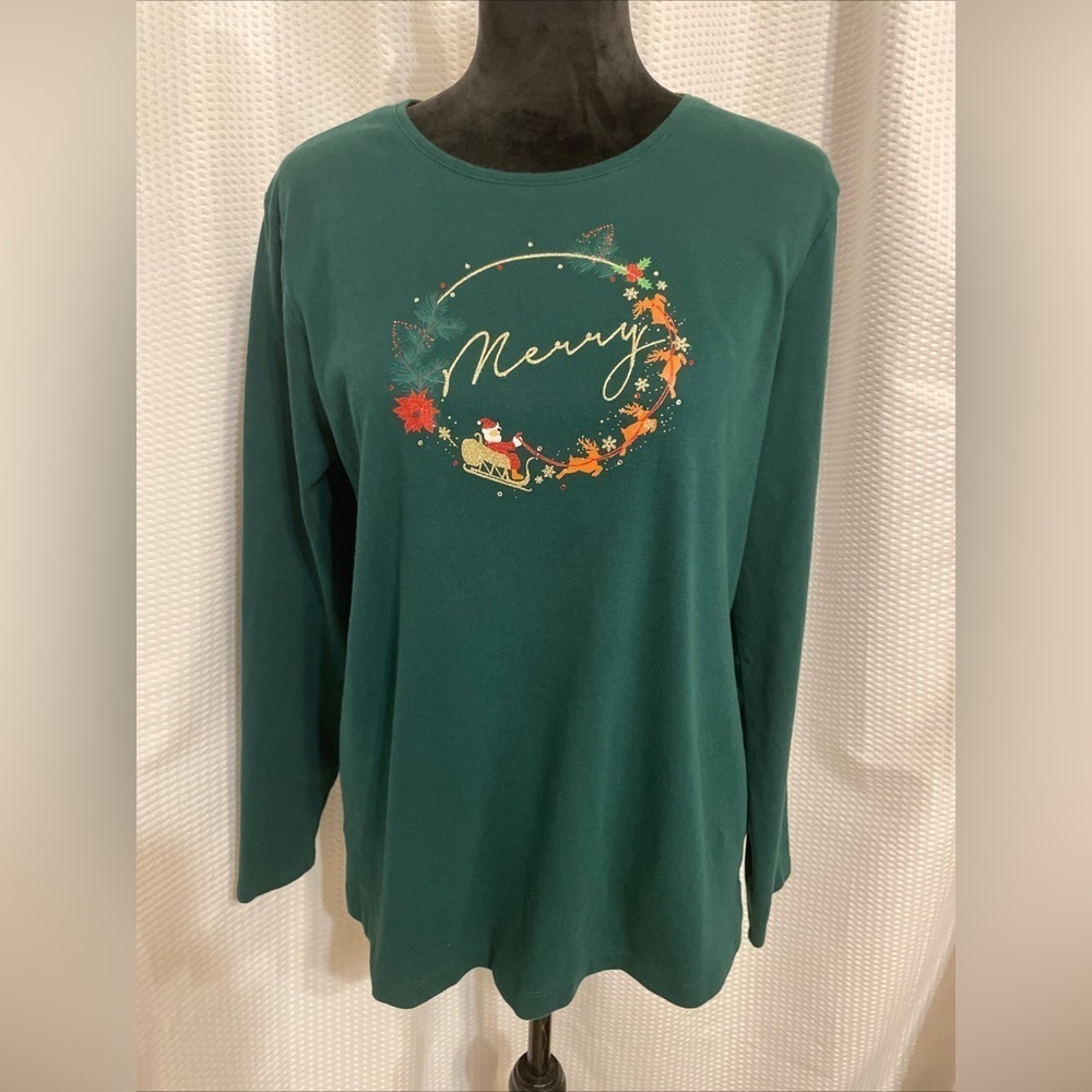 Croft & Barrow Green The Classic Tee Christmas Graphic Tee Size Large